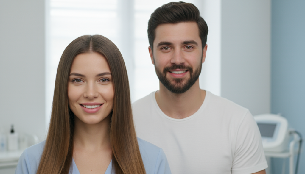 Hombre y mujer con cabello sano representando los resultados del tratamiento con minoxidil oral para la alopecia